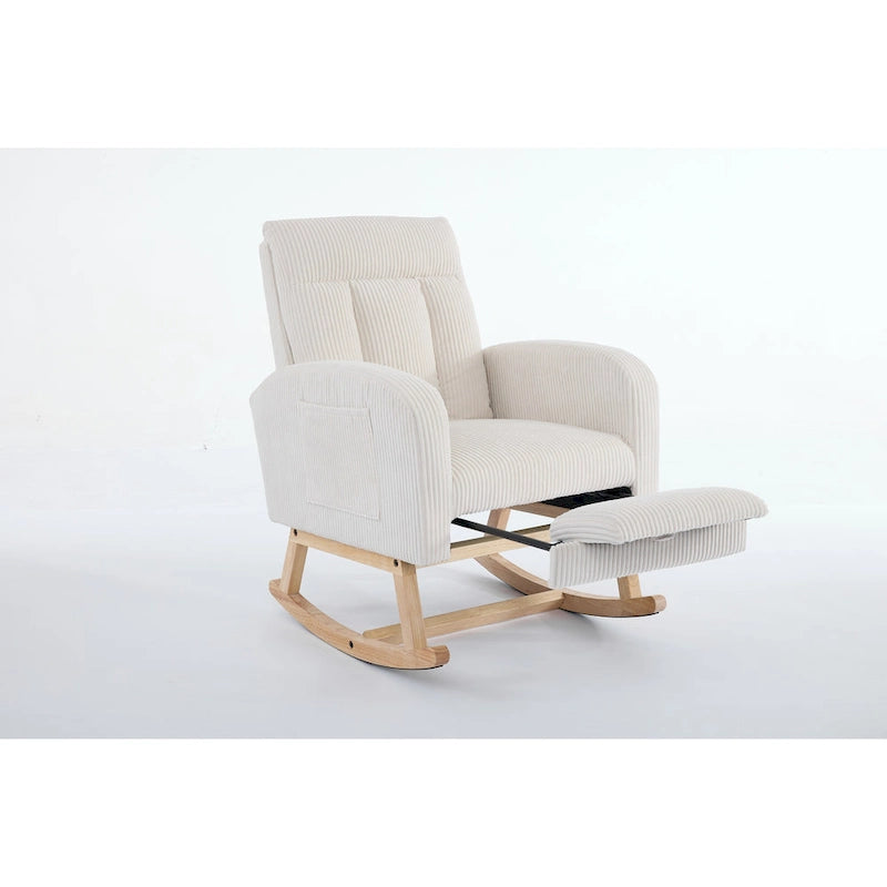 Fotel bujany z drewnianymi nogami, tapicerowany fotel bujany do pokoju dziecięcego, wygodny fotel z kieszenią boczną