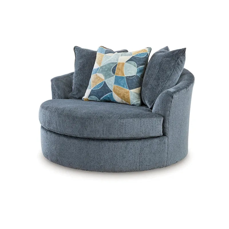 Oversized lounge chair, 56 inches, 360-degree swivel, includes 3 cushions, blue