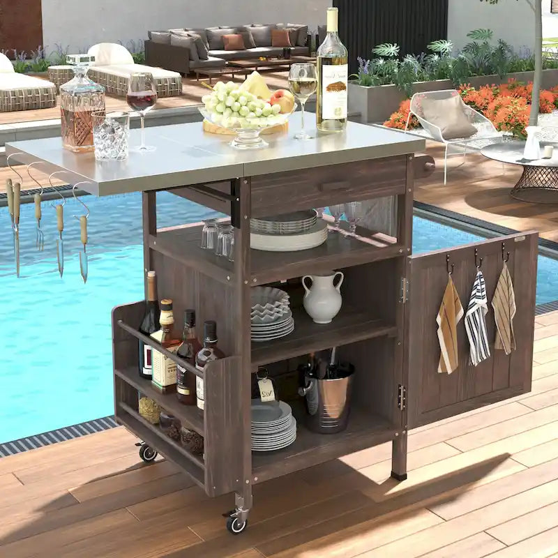 Carrello per barbecue da esterno da 40.5 con piano in acciaio inossidabile, aletta ribaltabile, un cassetto, portasciugamani, carrello da cucina con ruote bloccabili