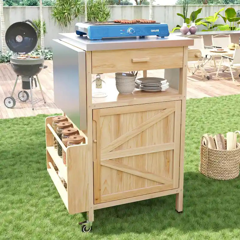 Carrello per barbecue da esterno da 40.5 con piano in acciaio inossidabile, aletta ribaltabile, un cassetto, portasciugamani, carrello da cucina con ruote bloccabili