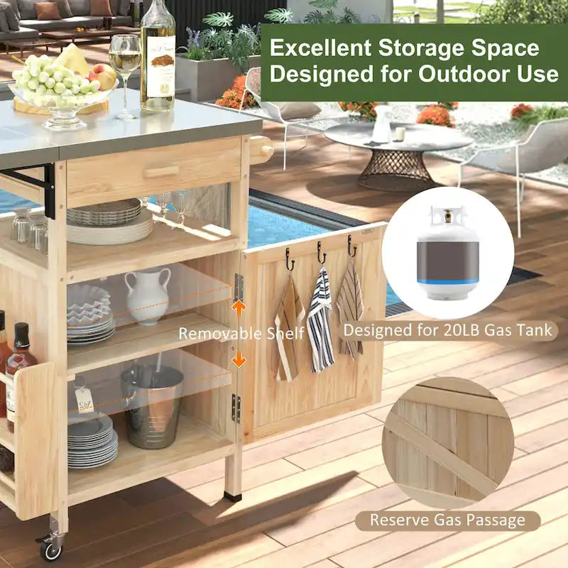 Carrello per barbecue da esterno da 40.5 con piano in acciaio inossidabile, aletta ribaltabile, un cassetto, portasciugamani, carrello da cucina con ruote bloccabili