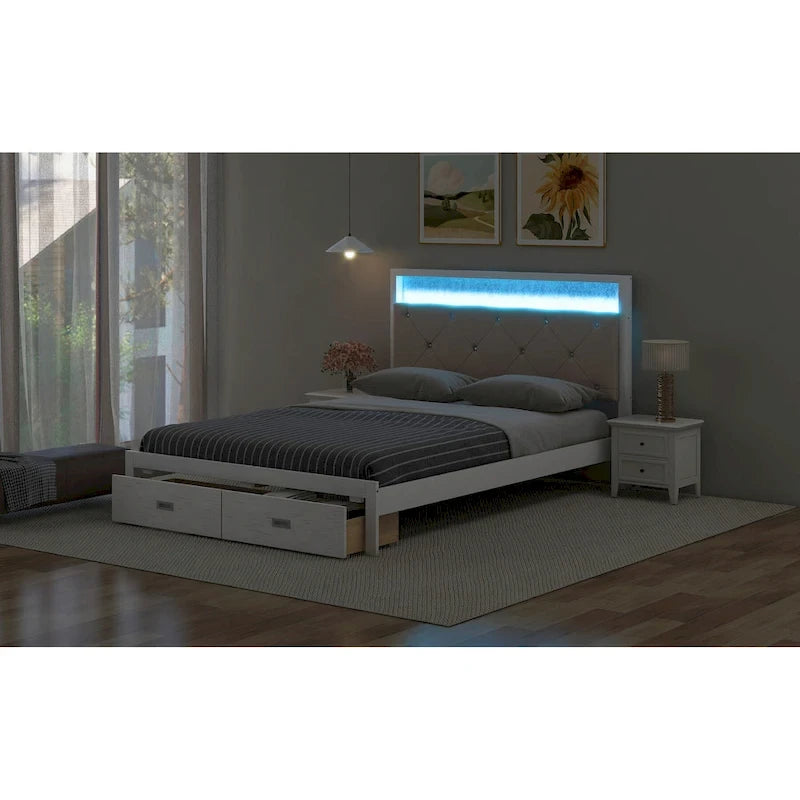 Wood Queen Size Platform Bed with Upholstered Headboard and LED and 2 Drawers, Antique White