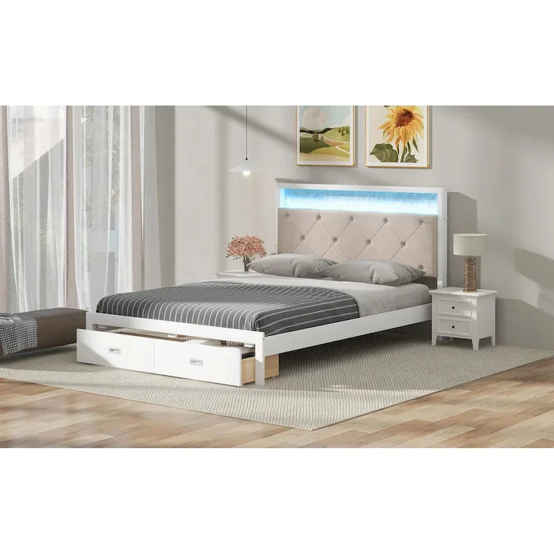 Wood Queen Size Platform Bed with Upholstered Headboard and LED and 2 Drawers, Antique White