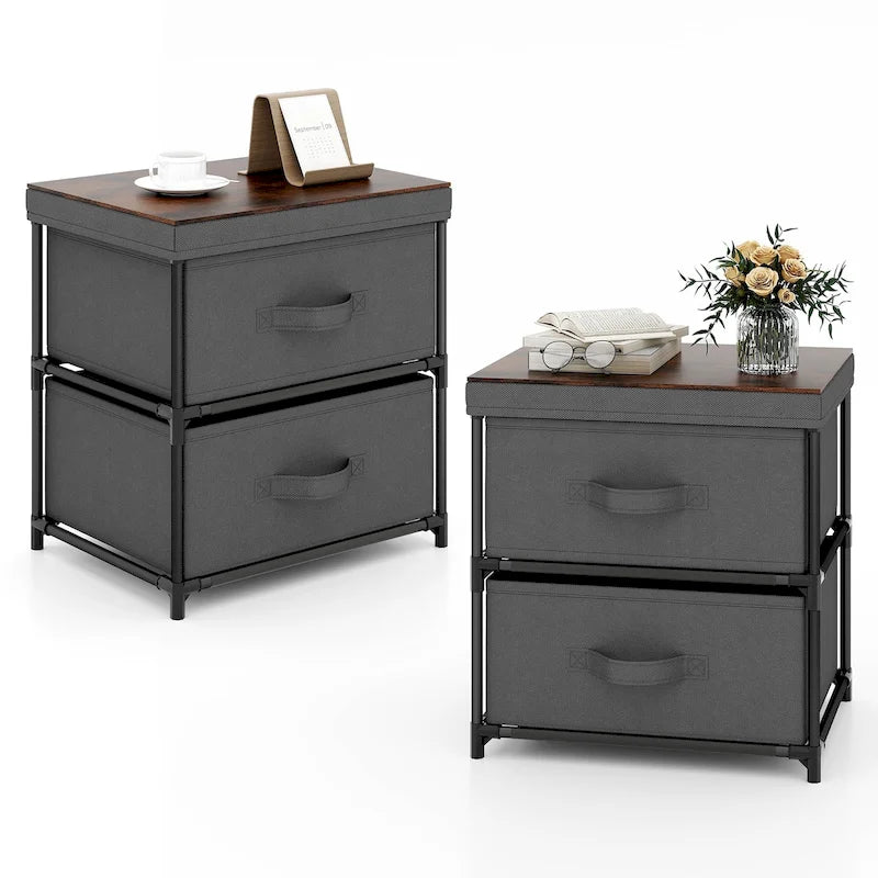2PCS 2 Drawer Dresser Fabric Storage Organizer Nightstand