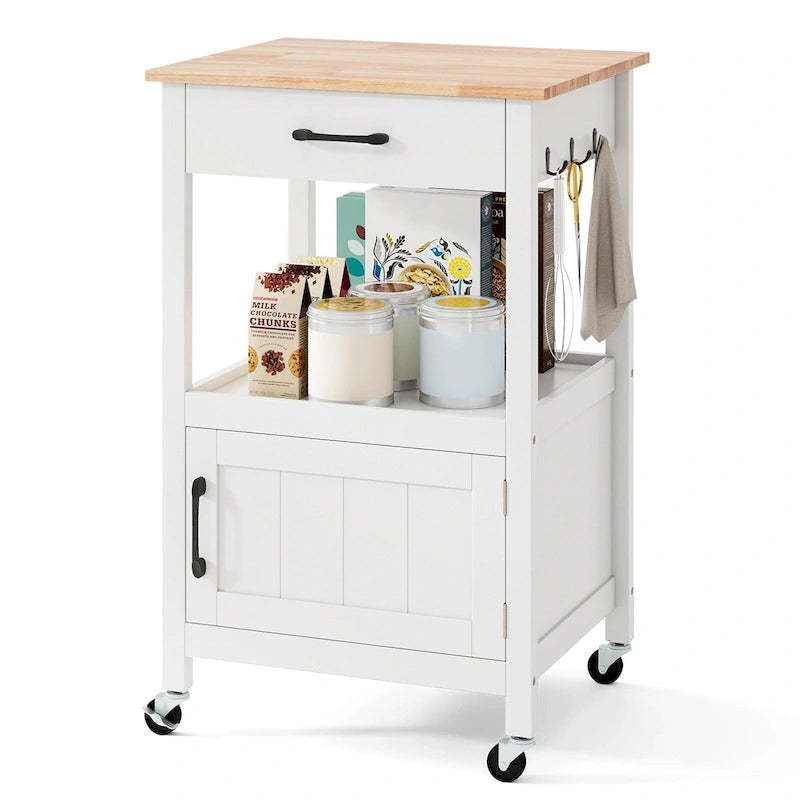 Piccola isola da cucina con ruote, carrello mobile con ante scorrevoli stile fienile