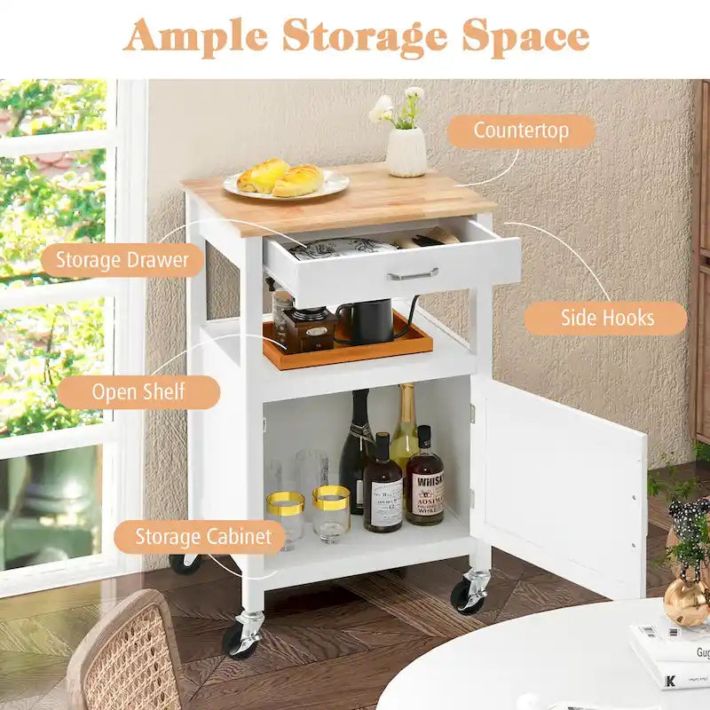 Piccola isola da cucina con ruote, carrello mobile con ante scorrevoli stile fienile