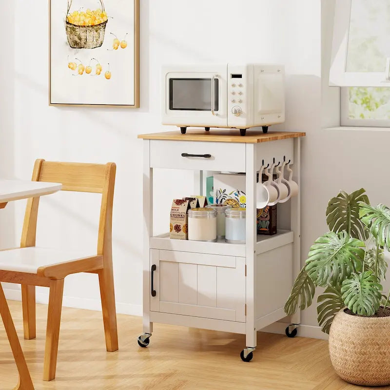 Piccola isola da cucina con ruote, carrello mobile con ante scorrevoli stile fienile