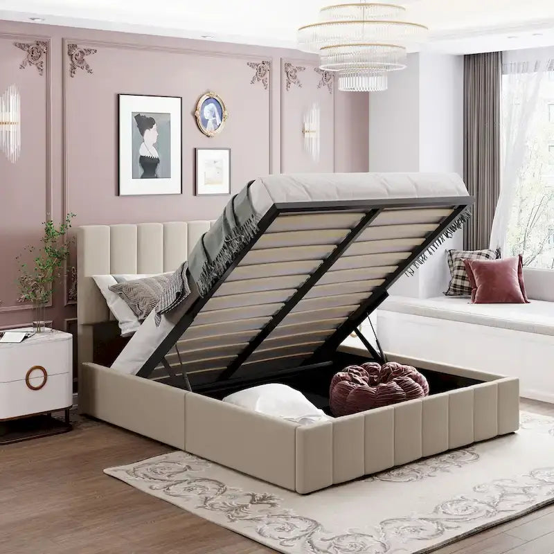 Letto a piattaforma queen size in lino - piattaforma con sollevamento idraulico e vano nascosto, struttura in legno massello di pino
