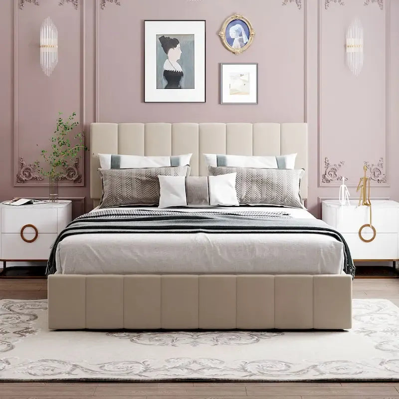 Letto a piattaforma queen size in lino - piattaforma con sollevamento idraulico e vano nascosto, struttura in legno massello di pino