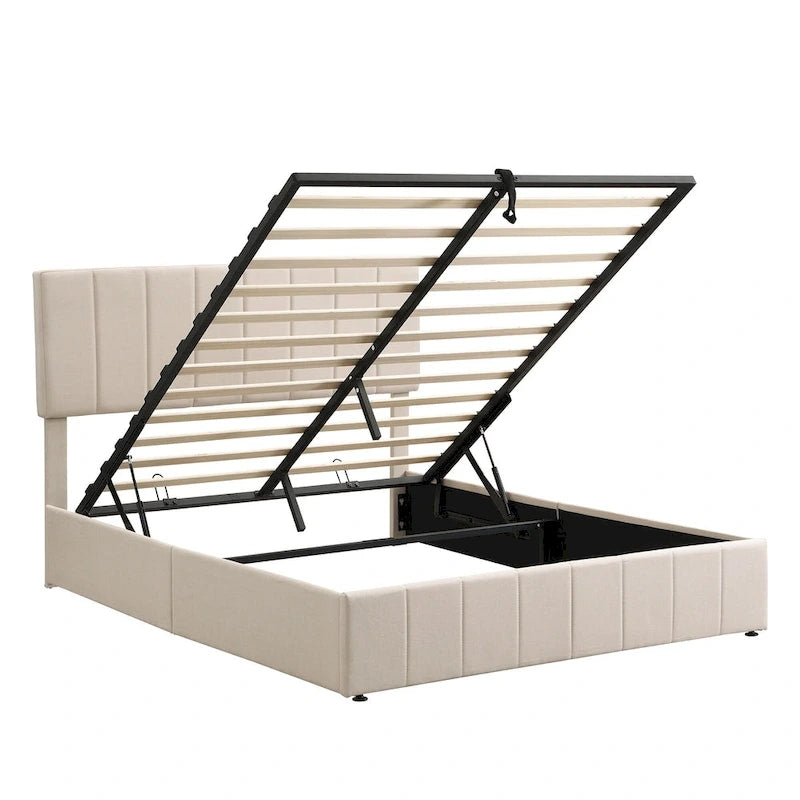 Letto a piattaforma queen size in lino - piattaforma con sollevamento idraulico e vano nascosto, struttura in legno massello di pino