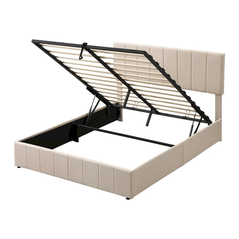 Letto a piattaforma queen size in lino - piattaforma con sollevamento idraulico e vano nascosto, struttura in legno massello di pino