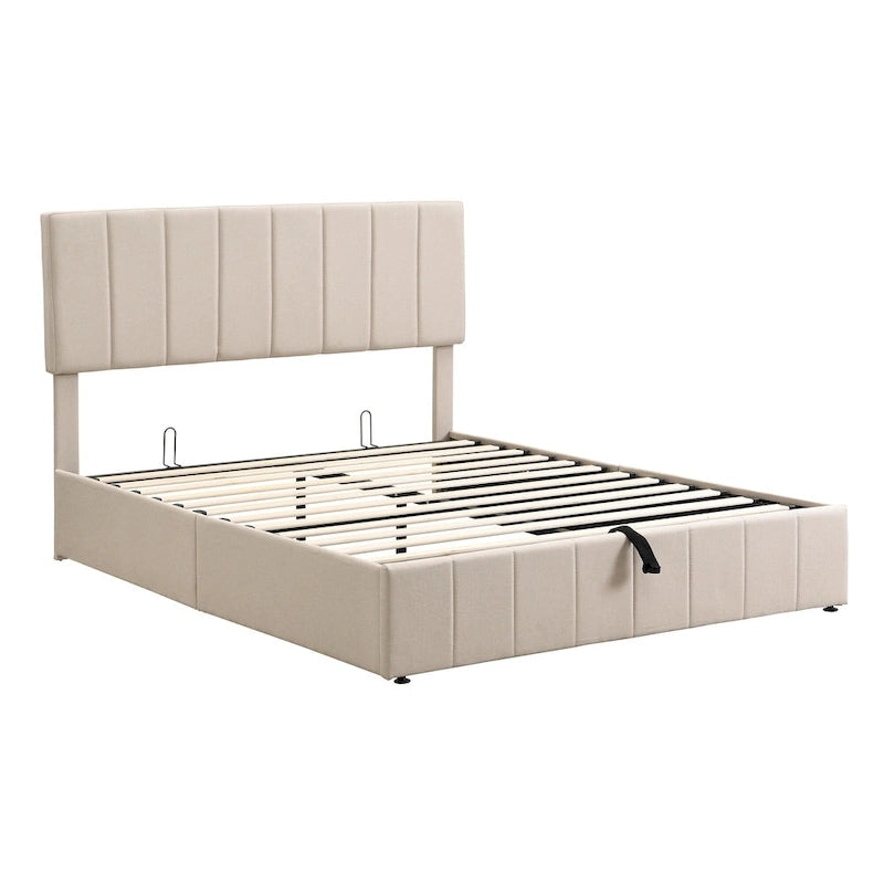 Letto a piattaforma queen size in lino - piattaforma con sollevamento idraulico e vano nascosto, struttura in legno massello di pino
