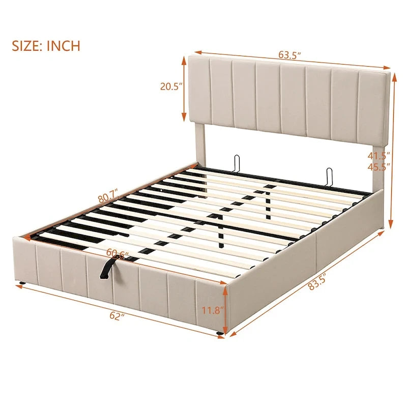 Letto a piattaforma queen size in lino - piattaforma con sollevamento idraulico e vano nascosto, struttura in legno massello di pino