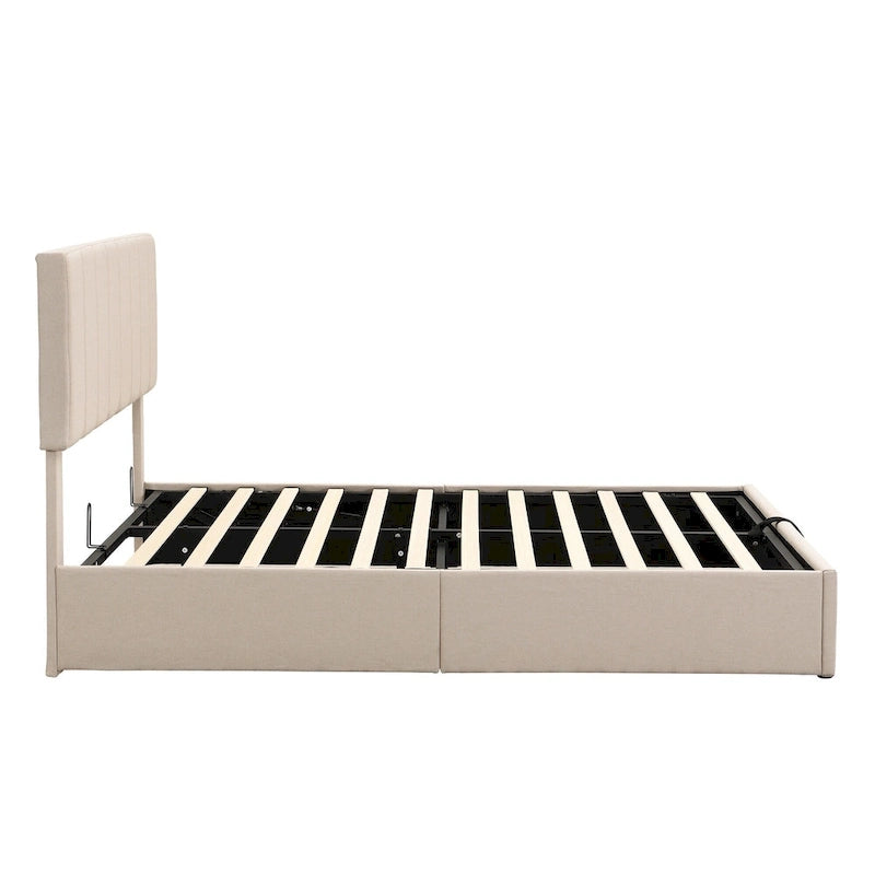 Letto a piattaforma queen size in lino - piattaforma con sollevamento idraulico e vano nascosto, struttura in legno massello di pino
