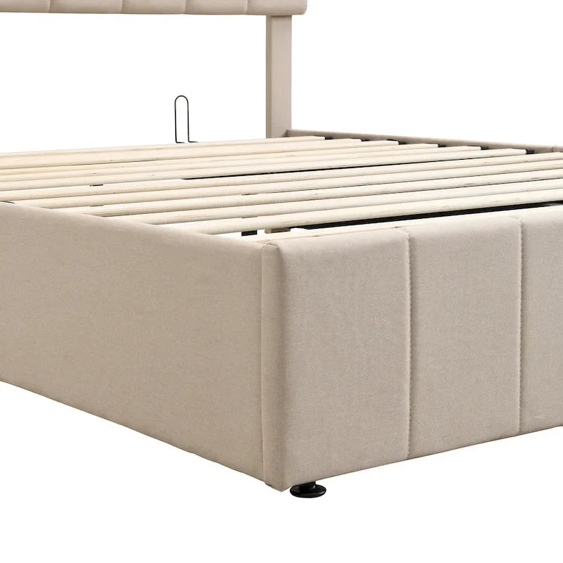 Letto a piattaforma queen size in lino - piattaforma con sollevamento idraulico e vano nascosto, struttura in legno massello di pino