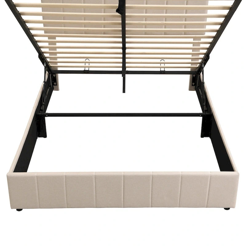 Letto a piattaforma queen size in lino - piattaforma con sollevamento idraulico e vano nascosto, struttura in legno massello di pino