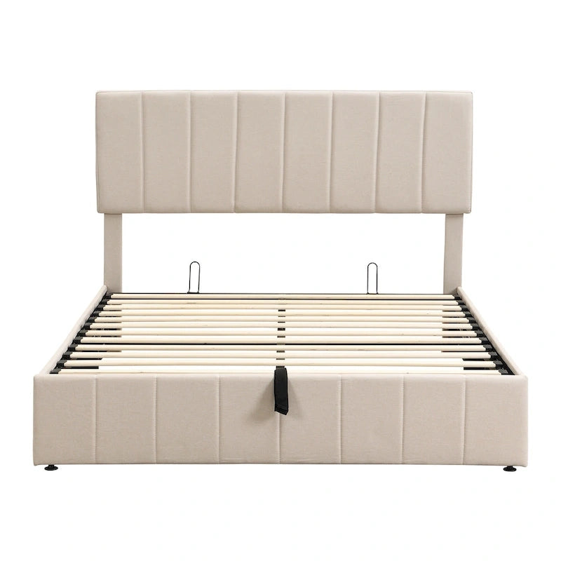 Letto a piattaforma queen size in lino - piattaforma con sollevamento idraulico e vano nascosto, struttura in legno massello di pino