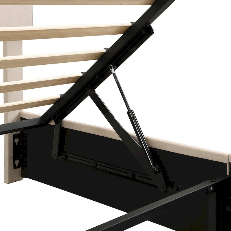 Letto a piattaforma queen size in lino - piattaforma con sollevamento idraulico e vano nascosto, struttura in legno massello di pino
