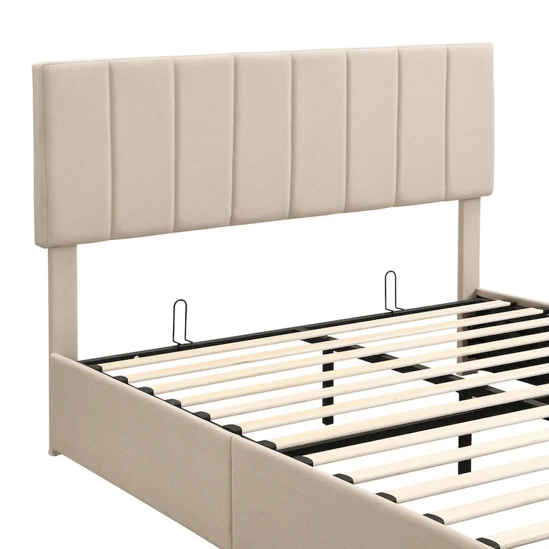 Letto a piattaforma queen size in lino - piattaforma con sollevamento idraulico e vano nascosto, struttura in legno massello di pino