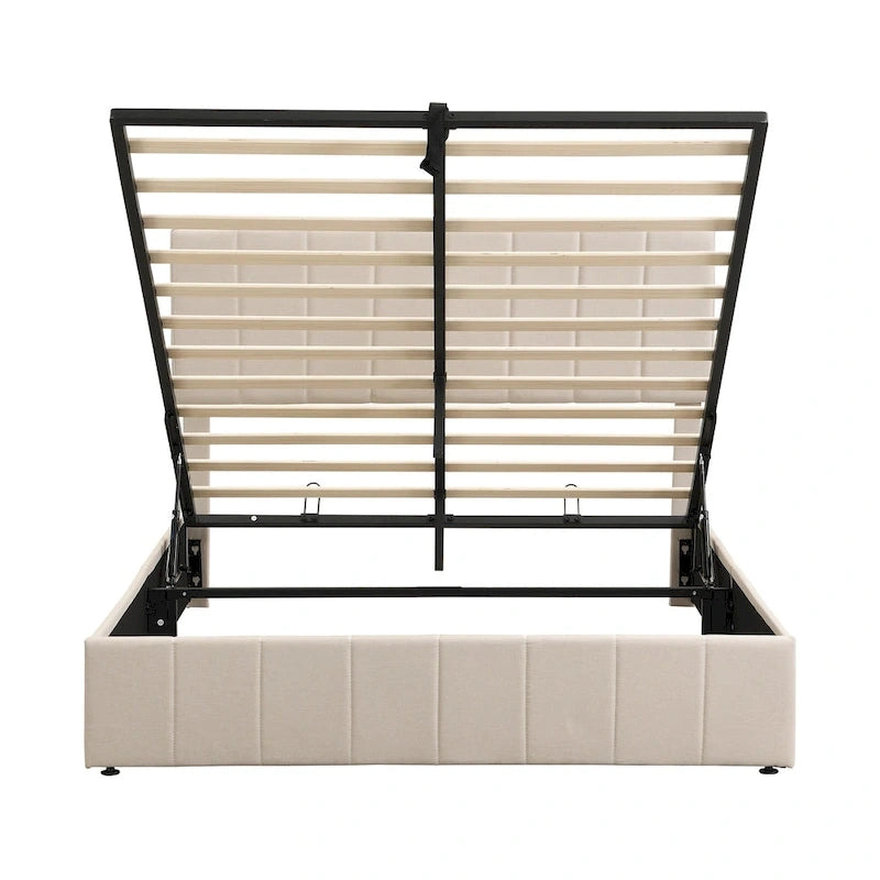 Letto a piattaforma queen size in lino - piattaforma con sollevamento idraulico e vano nascosto, struttura in legno massello di pino