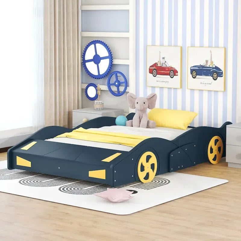 Letto a forma di auto da corsa in pino massello con ruote e contenitore