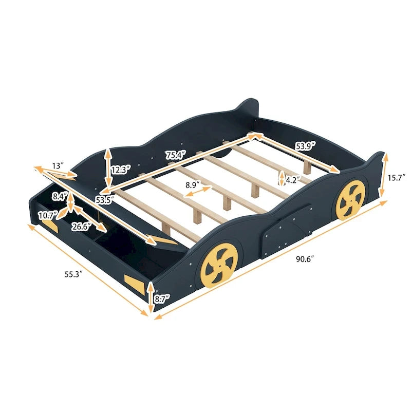 Letto a forma di auto da corsa in pino massello con ruote e contenitore