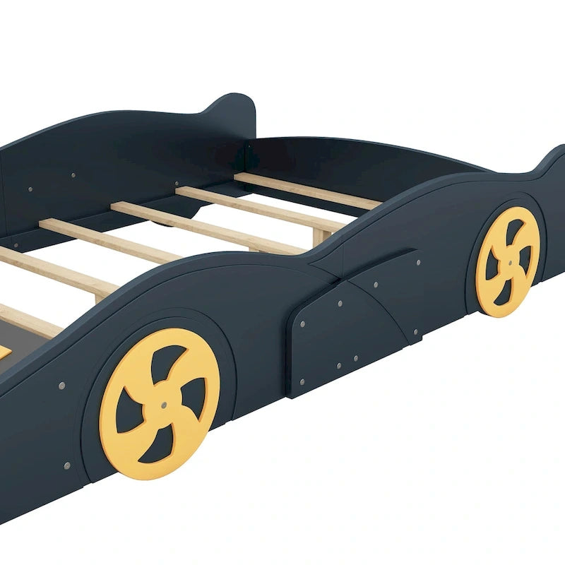 Letto a forma di auto da corsa in pino massello con ruote e contenitore