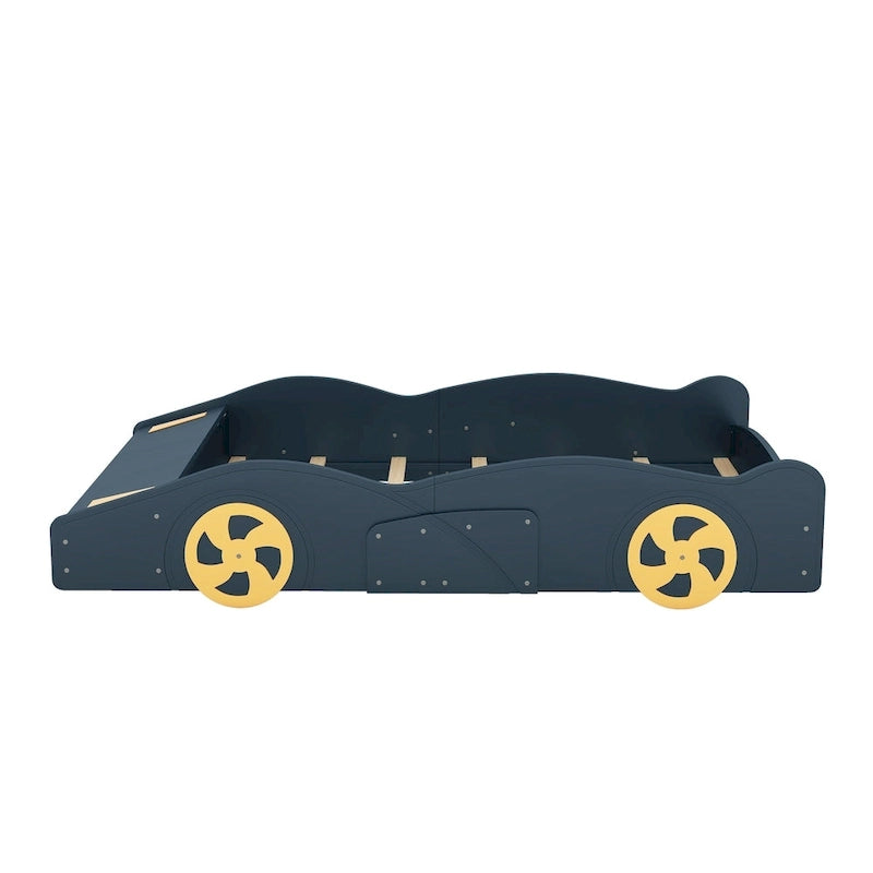 Letto a forma di auto da corsa in pino massello con ruote e contenitore