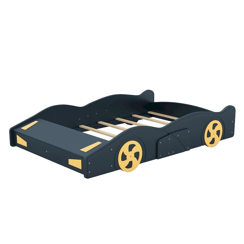 Letto a forma di auto da corsa in pino massello con ruote e contenitore
