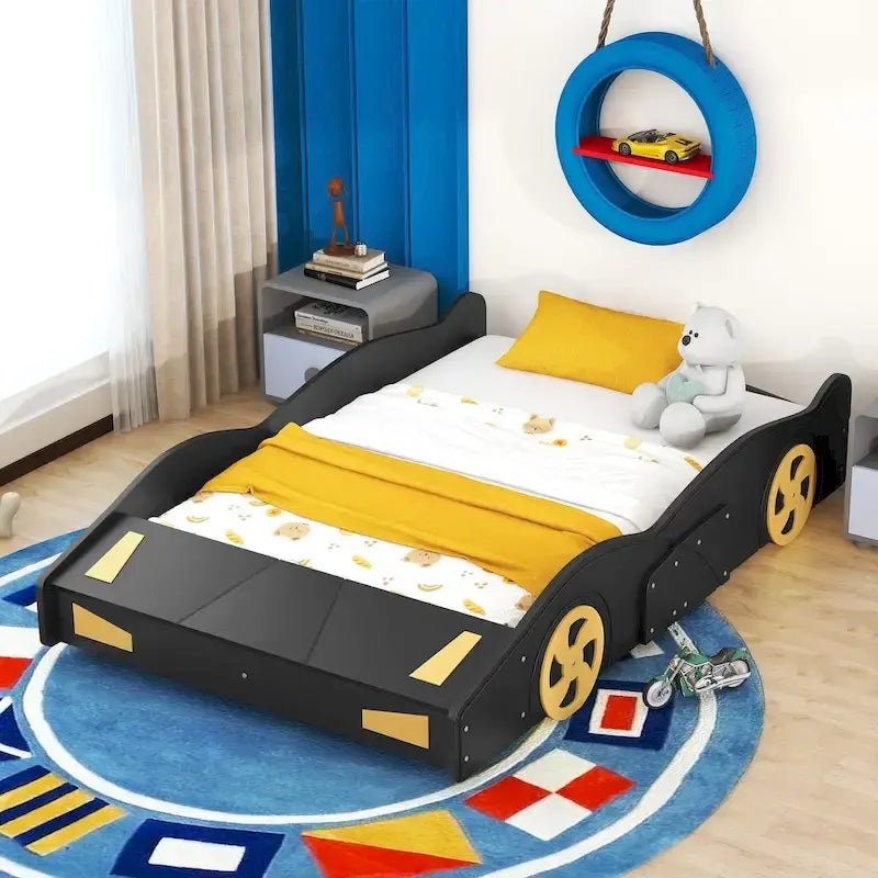 Letto a forma di auto da corsa in pino massello con ruote e contenitore