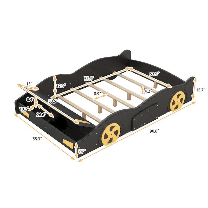 Letto a forma di auto da corsa in pino massello con ruote e contenitore