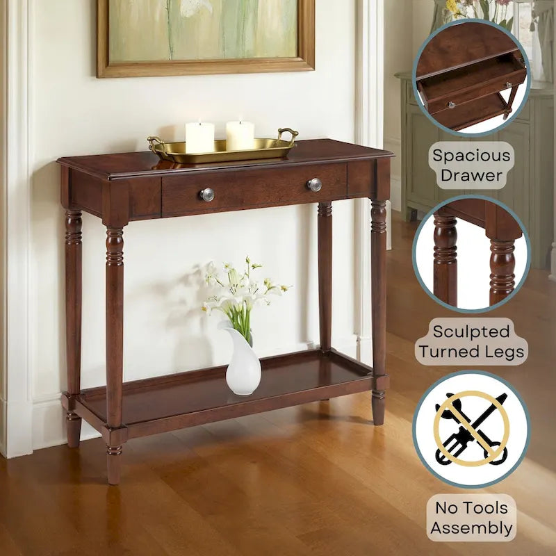 French Country Manor No Tools 1 Drawer Hall Entryway Table with Shelf