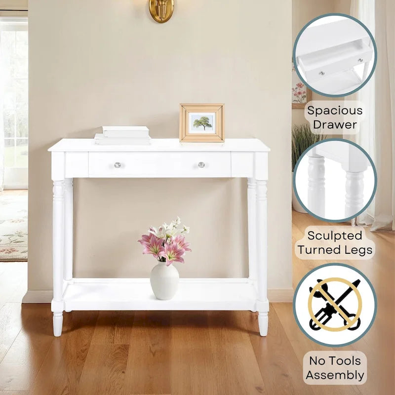 French Country Manor No Tools 1 Drawer Hall Entryway Table with Shelf