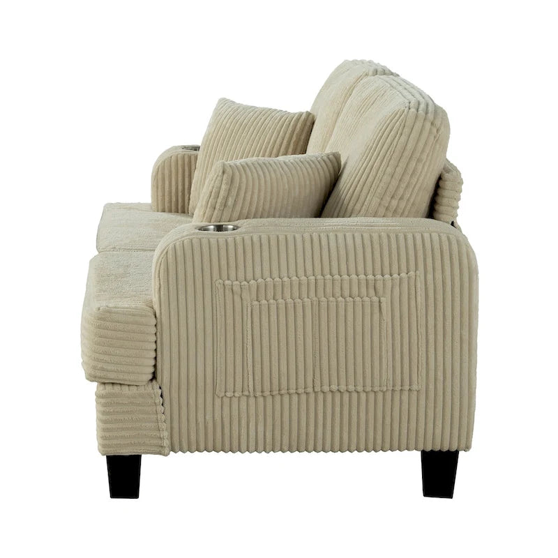61 Contemporary Corduroy Loveseat Sofa with 2 Pillows and Cup Holder