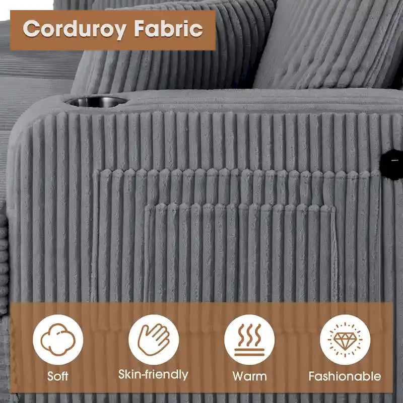 61 Contemporary Corduroy Loveseat Sofa with 2 Pillows and Cup Holder