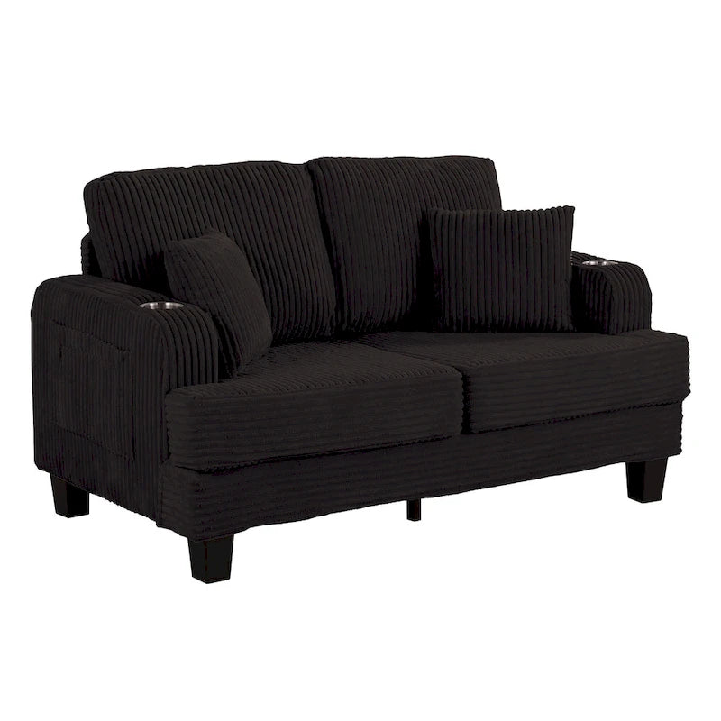 61 Contemporary Corduroy Loveseat Sofa with 2 Pillows and Cup Holder