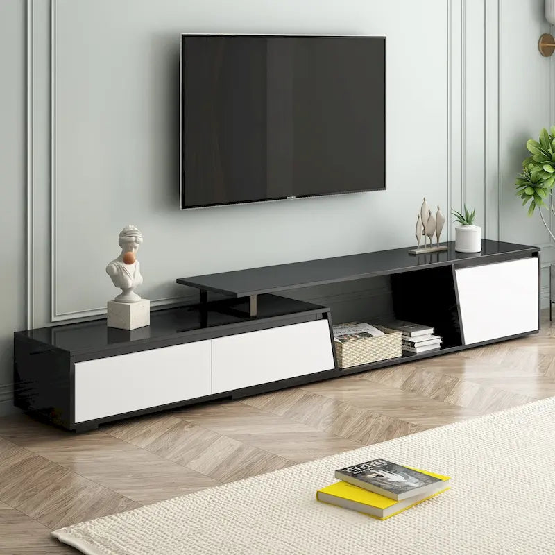 Nowoczesna, minimalistyczna, prostokątna, rozkładana szafka pod telewizor o szerokości 100 cali, z dwiema szufladami - 15.70 x 70.70 x 15.70