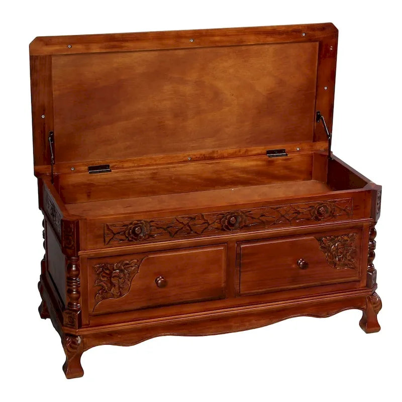 Carved Wooden Storage Bench