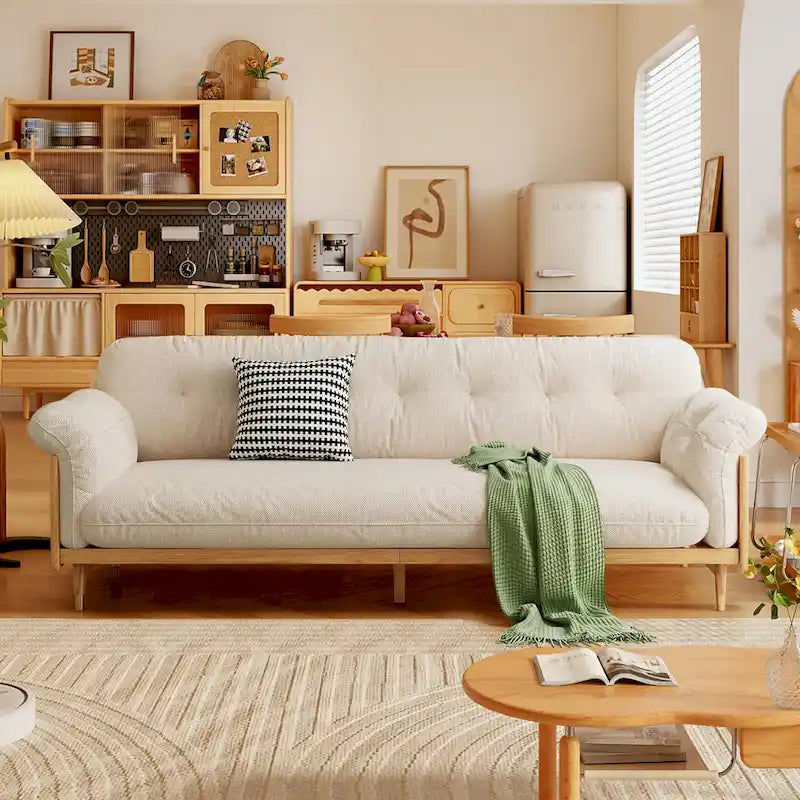 Modern 3-Seat Upholstered Cotton Linen Sofa,Beige