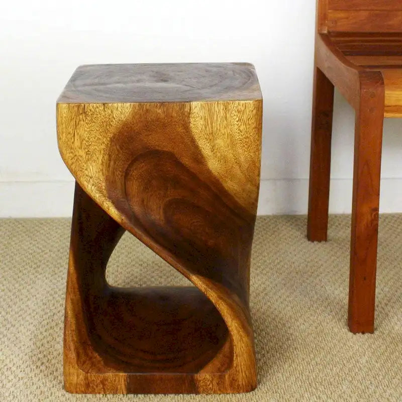 Twisted-Design Solid Wood Stool (12 x 12 x 18 inches), Walnut Oil Finish - 12 x 12 x 18