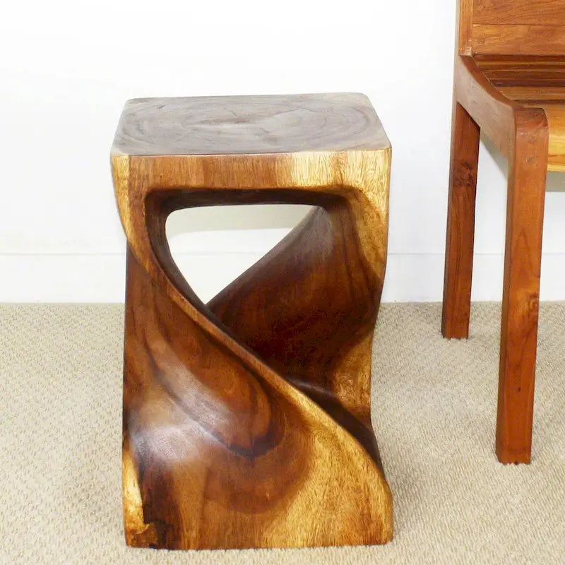 Twisted-Design Solid Wood Stool (12 x 12 x 18 inches), Walnut Oil Finish - 12 x 12 x 18