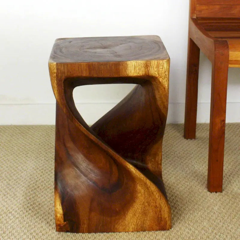Twisted-Design Solid Wood Stool (12 x 12 x 18 inches), Walnut Oil Finish - 12 x 12 x 18