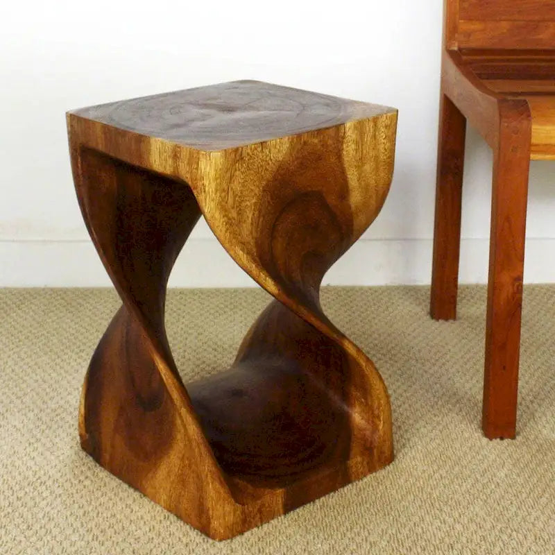 Twisted-Design Solid Wood Stool (12 x 12 x 18 inches), Walnut Oil Finish - 12 x 12 x 18