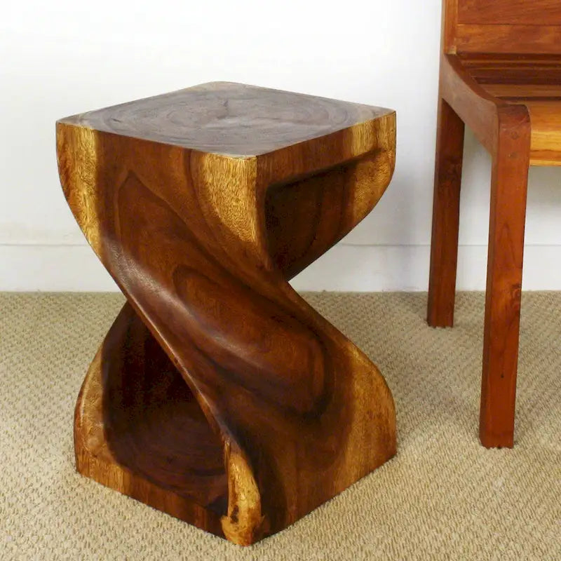 Twisted-Design Solid Wood Stool (12 x 12 x 18 inches), Walnut Oil Finish - 12 x 12 x 18