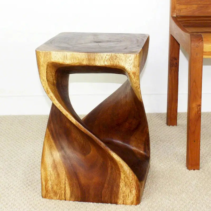 Twisted-Design Solid Wood Stool (12 x 12 x 18 inches), Walnut Oil Finish - 12 x 12 x 18