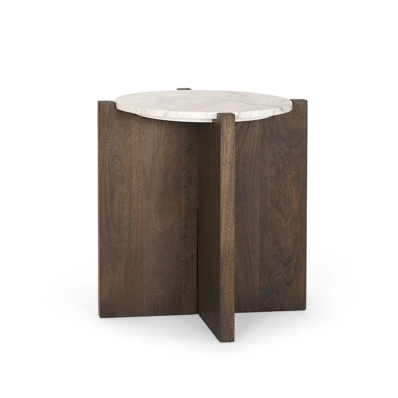 Dark Brown Wood w/ Marble Round Accent Table - 22.0L x 22.0W x 22.0H