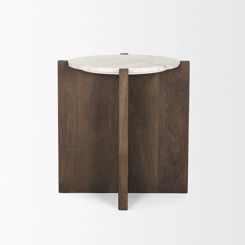 Tavolino d'accento rotondo in legno marrone scuro con marmo - 22.0L x 22.0W x 22.0H