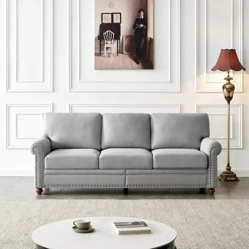 Sofa tapicerowana tkaniną lnianą ze schowkiem