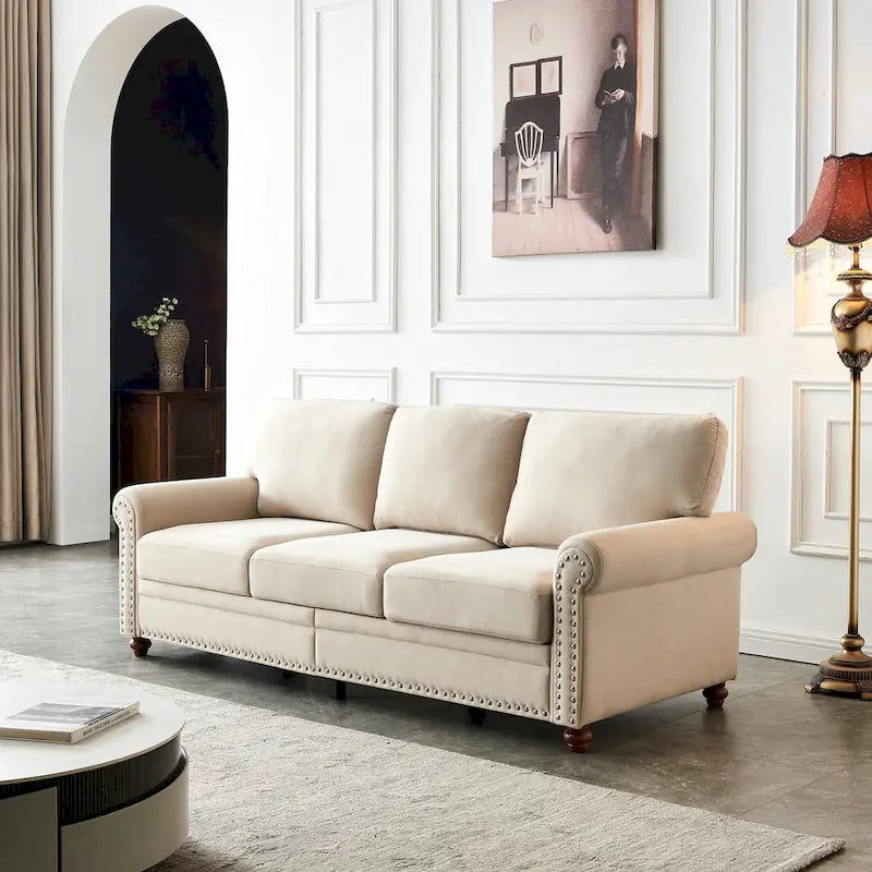 Sofa tapicerowana tkaniną lnianą ze schowkiem