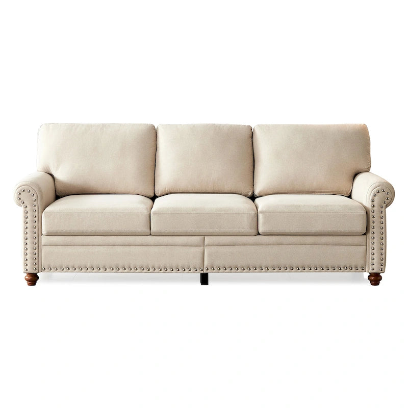 Sofa tapicerowana tkaniną lnianą ze schowkiem